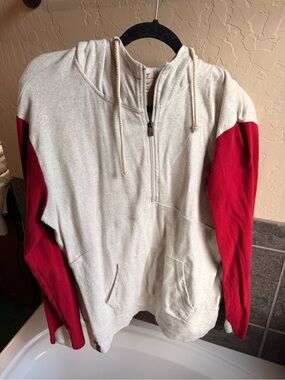 AMPERSAND AVE Cream Half-Zip Hoodie with Red Sleeves